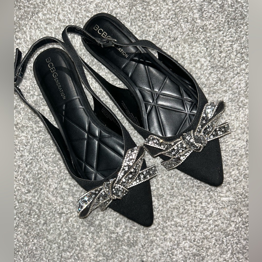 BCBGeneration Black Flats with Silver Bow